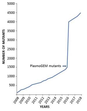 Contribution of PlasmoGEM to the number of P. berghei mutants catalogued in the Rodent Malaria Genetic Modification Database (https://www.pberghei.eu/index.php)