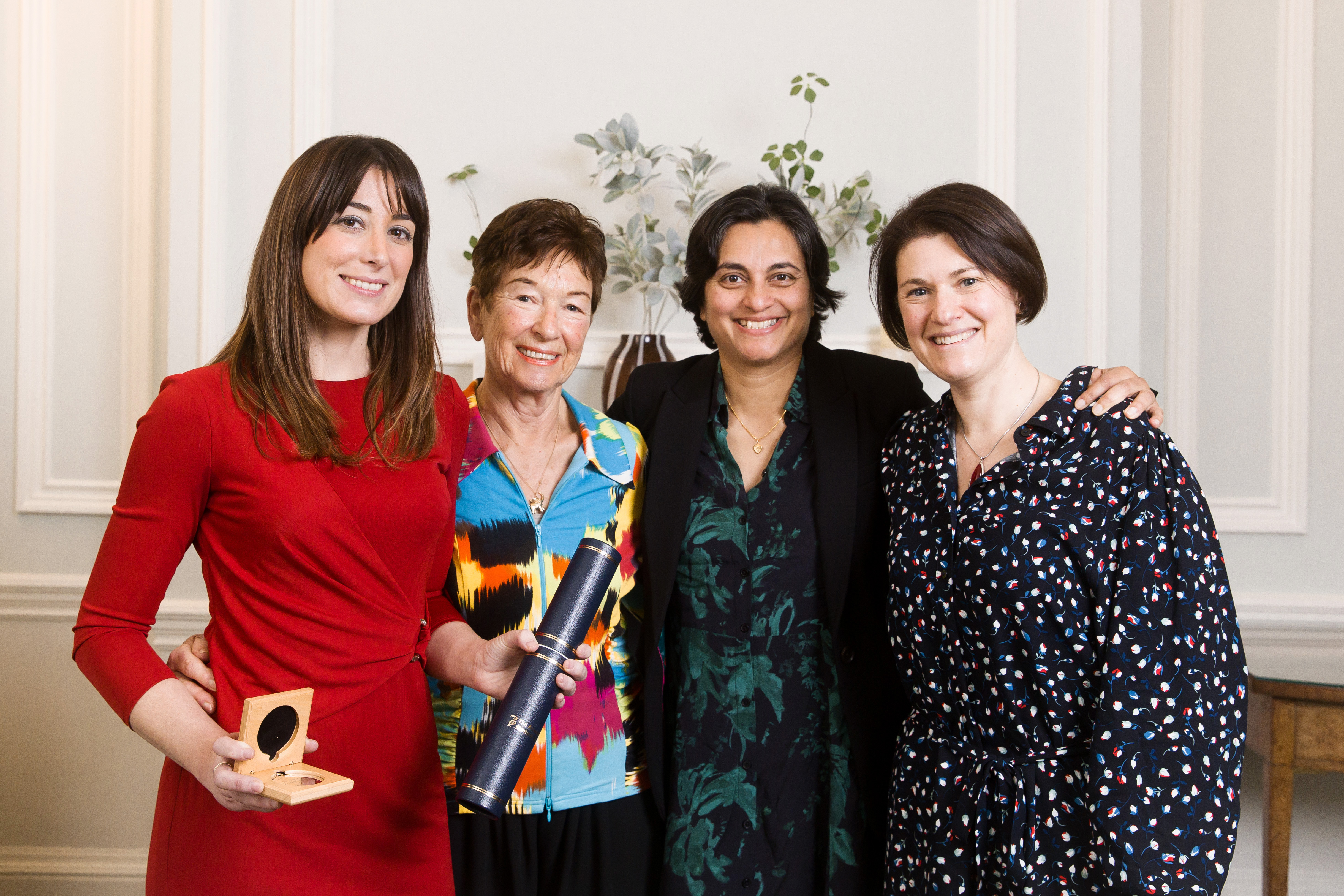 A picture of the awards ceremony for the Foulkes Foundation Academy of Medical Sciences Medal. Left to right: Roser Vento-Tormo (winner), Maureen Foulkes-Hajdu, Professor Muzlifah Haniffa and Georgina Benton