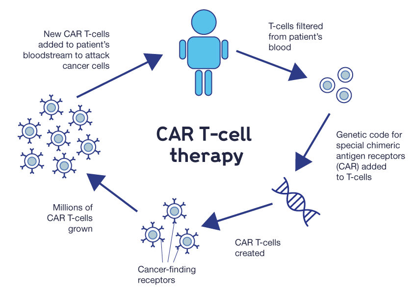 Diagram explaining the steps involved in CAR T-cell therapy.