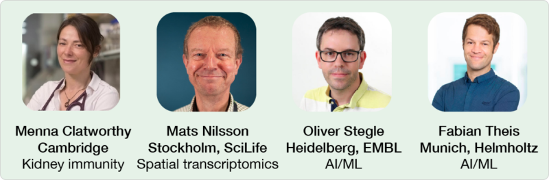 Pictures and details of the four Associate Faculty members of the Cellular Genomics programme. Menna Clatworthy
Cambridge
Kidney immunity. Mats Nilsson
Stockholm, SciLife
Spatial transcriptomics. Oliver Stegle
Heidelberg, EMBL
AI/ML. Fabian Theis
Munich, Helmholtz
AI/ML.